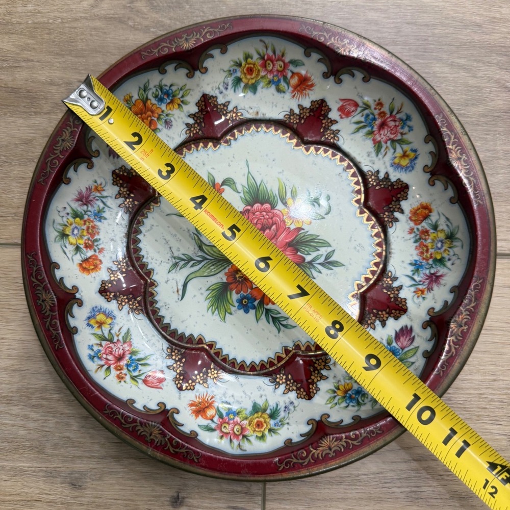 Vintage 1971 Daher Decorated Ware Floral Metal Tray Made in England Burgundy 12" - Picture 3 of 5